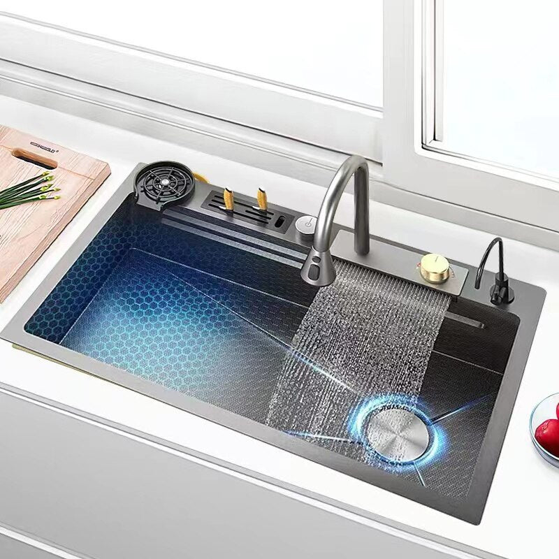 Waterfall Kitchen Sink Embossed Honeycomb Stainless Steel Sink Multifunctional Household Large Single Sink With Waterfall Faucet